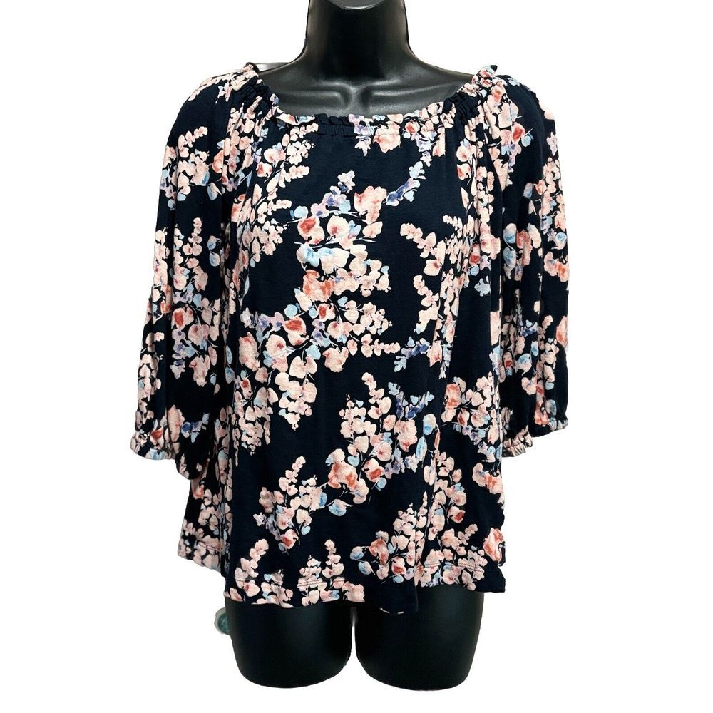 J.Jill‎ Navy/Pink Floral Boat Neck Elastic/Ruffle Blouse Size S 3/4 Sleeve